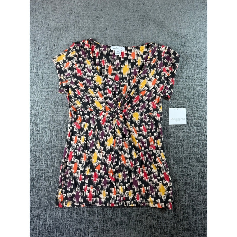 Liz Claiborne Petite African Plains Abstract Twist Front Top Black Multi PS